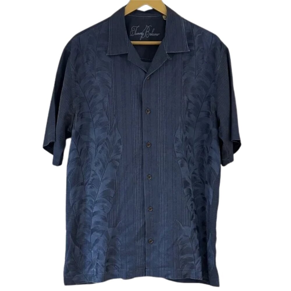 Tommy Bahama Navy Camp Shirt Tonal Leaf Print Short Sleeve Button Up Summer